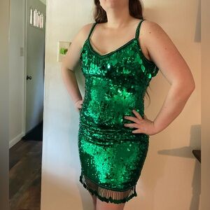 Vintage Alyce Designs Green Sequin Flapper Dress 16 - runs small